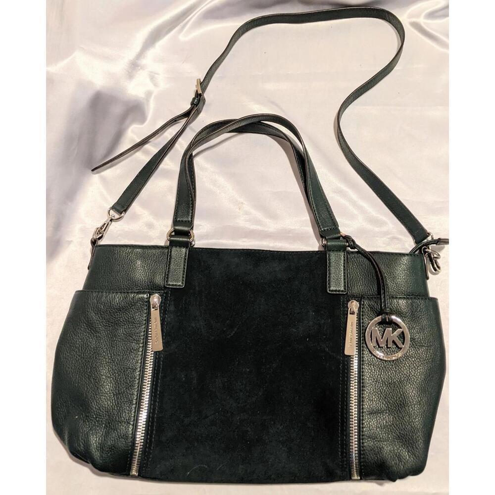 Michael Kors Dark Green Pebbled Leather and Suede Satchel Tote Zipper Detail EUC - Picture 4 of 13